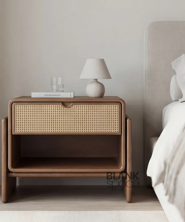 Solid Wood Bedside Table with Cane Drawer & Open Shelf