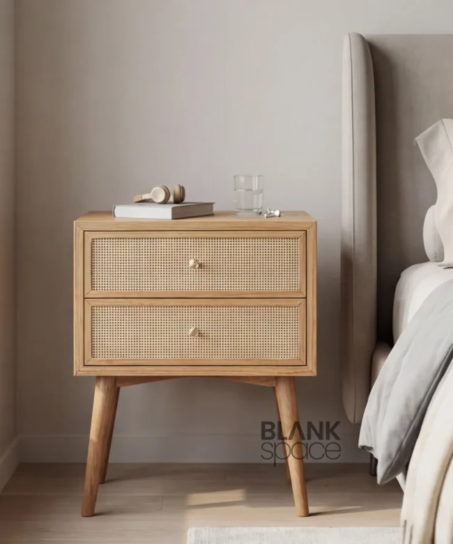 Solid Wood Bedside Table with Dual Cane Drawers