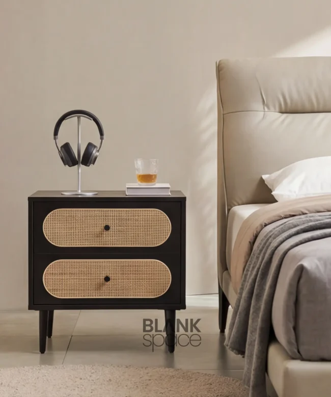 Black Solid Wood Bedside Table with Cane Drawer Fronts