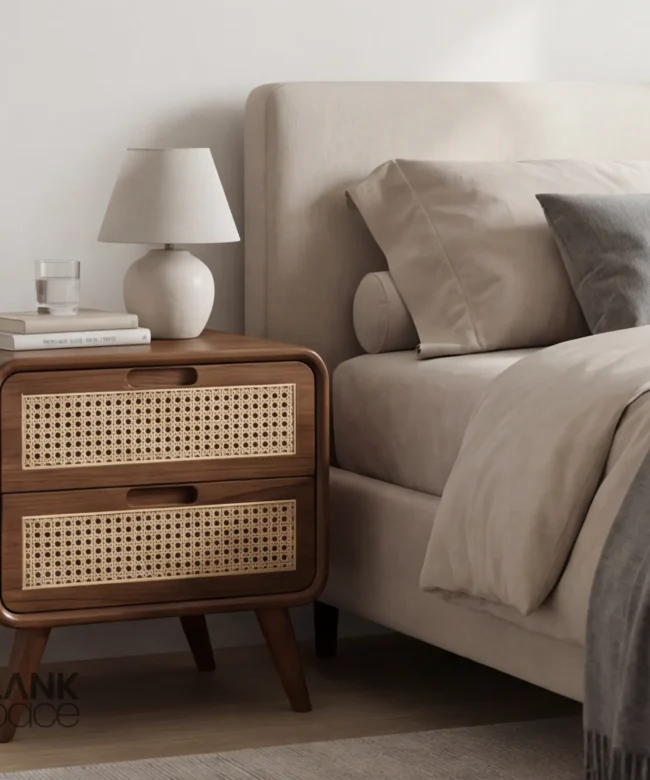 Solid Wood Bedside Table with Cane Drawer Fronts