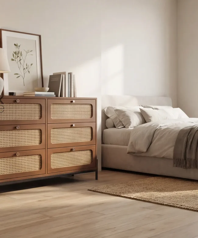 Solid Wood Chest of Drawers with Cane Panels