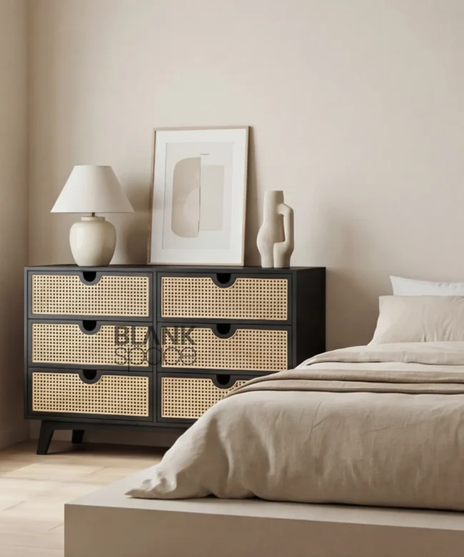 Modern Black Cane Wood Chest of Drawers