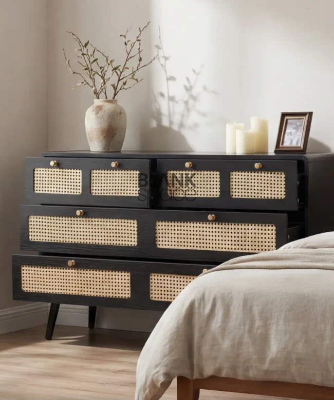 Modern Black Cane Chest of Drawers