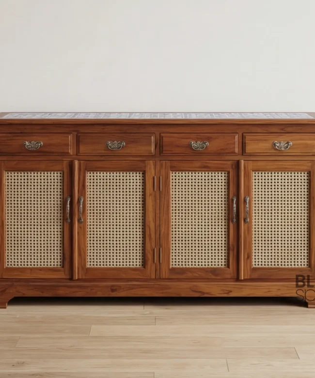 Solid Wood Sideboard Cabinet with Cane Doors
