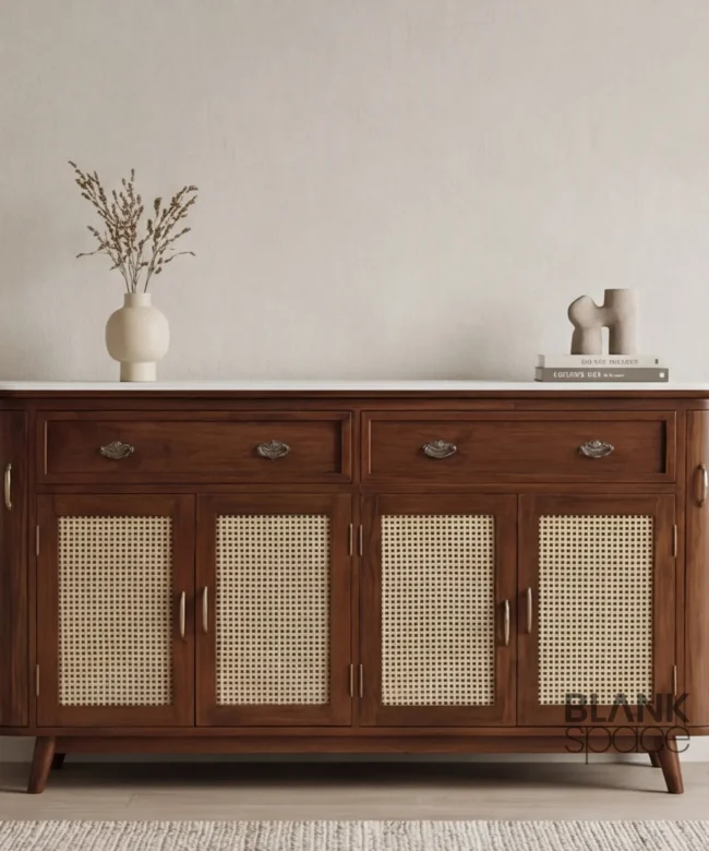 Solid Wood Sideboard Cabinet with Cane Panel Doors